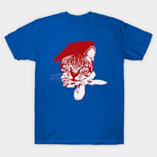 Ooo la la Cat with Beret, Red and White on Blue T-Shirt